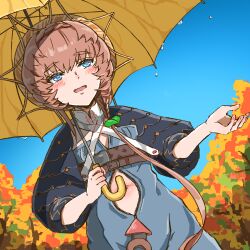 Rule 34 | 1girl, belt, black sleeves, blue eyes, blue overalls, blush, braid, breasts, brown hair, buckle, clothing cutout, crown braid, fangs, fate/grand order, fate (series), headband, holding, holding umbrella, navel, navel cutout, open mouth, orange headband, overalls, puffy sleeves, red pupils, shimogamo (shimomo 12), side braid, small breasts, solo, striped clothes, striped headwear, sunlight, tongue, tree, umbrella, van gogh (fate), water drop, yellow umbrella, zipper pull tab