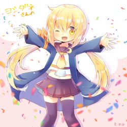 Rule 34 | 1girl, ;d, black sailor collar, black skirt, black thighhighs, blonde hair, blue jacket, blush, brown background, brown eyes, commentary request, commission, confetti, crescent, crescent pin, fang, hair between eyes, jacket, kantai collection, kou hiyoyo, long hair, long sleeves, looking at viewer, low twintails, neckerchief, one eye closed, open clothes, open jacket, open mouth, orange ribbon, outstretched arms, pleated skirt, ribbon, sailor collar, satsuki (kancolle), satsuki kai ni (kancolle), school uniform, serafuku, shirt, signature, skirt, smile, solo, thighhighs, translation request, twintails, two-tone background, very long hair, white background, white shirt, yellow neckerchief