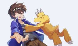 Rule 34 | agumon, claws, closed eyes, digimon, digimon (creature), digimon encounters, goggles, goggles on head, happy, male protagonist (digimon encounters), official art, tail