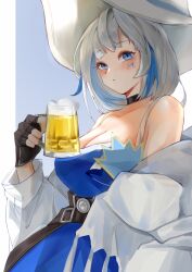 Rule 34 | 1girl, absurdres, alchemy stars, azure (alchemy stars), bare shoulders, black choker, black gloves, blue dress, blue eyes, blue hair, blush, breasts, chengzijiangyouchaofan, choker, cleavage, commentary request, dress, facial mark, fingerless gloves, gloves, hand up, highres, jacket, large breasts, long sleeves, looking at viewer, multicolored hair, off shoulder, solo, spaghetti strap, streaked hair, upper body, white hair, white headwear, white jacket