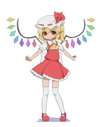 Rule 34 | 1girl, absurdres, ascot, back bow, blonde hair, blush, bow, closed mouth, commentary request, crystal, eyebrows visible through hat, flandre scarlet, flat chest, full body, hair between eyes, hat, hat ribbon, highres, looking at viewer, mary janes, mob cap, nihohohi, one side up, outstretched arms, over-kneehighs, petticoat, pigeon-toed, pointy ears, puffy short sleeves, puffy sleeves, red eyes, red footwear, red ribbon, red skirt, red vest, ribbon, shirt, shoes, short hair, short sleeves, simple background, skirt, skirt set, smile, solo, standing, thighhighs, touhou, vest, white background, white bow, white hat, white shirt, white thighhighs, wing collar, wings, yellow ascot