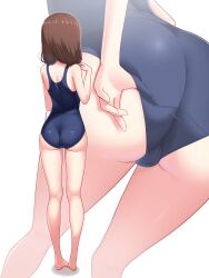 Rule 34 | 1girl, absurdres, adjusting clothes, ass, bare arms, bare shoulders, barefoot, blue one-piece swimsuit, brown hair, cameltoe, cleft of venus, from behind, hand under clothes, hand under swimsuit, hand up, highres, iino miko, kaguya-sama wa kokurasetai ~tensai-tachi no renai zunousen~, long hair, moriforests, one-piece swimsuit, school swimsuit, shiny clothes, solo, standing, swimsuit, zoom layer