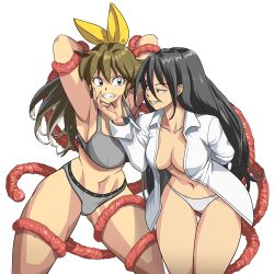 Rule 34 | 2girls, arm behind back, armpits, arms behind head, black hair, blue eyes, bow, bra, breasts, brown hair, cowboy shot, evil grin, evil smile, grabbing another&#039;s chin, grey panties, grey sports bra, grin, hair between eyes, hair bow, hand on another&#039;s chin, highres, implied yuri, long hair, looking at another, m.u.g.e.n, multiple girls, navel, no bra, no pants, oggy (oggyoggy), open clothes, open shirt, original, panties, ponytail, red eyes, restrained, ryuko (oggyoggy), shirt, smile, sports bra, sports panties, tagme, tendril (mugen), tentacles, thick thighs, thigh gap, thighs, transparent background, underwear, underwear only, white panties, white shirt, yellow bow