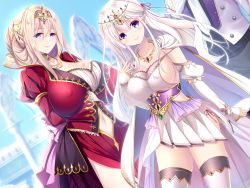 Rule 34 | 2girls, blonde hair, blue eyes, blurry, blurry background, blush, breast hold, breasts, cape, chikubi (artist), cleavage, closed mouth, clothing cutout, collar, covered erect nipples, cowboy shot, crown, day, detached sleeves, dress, dutch angle, female focus, frills, game cg, grabbing own breast, hair between eyes, hand on own chest, hand up, head tilt, huge breasts, ingoku no himekishi shimai: orc no kachiku naedoko, jewelry, large breasts, legs, light blush, long hair, looking at viewer, mature female, mother and daughter, multiple girls, muriel (ingoku no himekishi shimai), navel, navel cutout, necklace, original, outdoors, panties, princess, puffy short sleeves, puffy sleeves, queen, short sleeves, sky, smile, sofia (ingoku no himekishi shimai), standing, statue, string panties, thighhighs, thighs, underwear, white hair, zion (company)