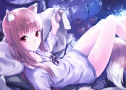 Rule 34 | absurdres, animal ear fluff, animal ears, apple, blush, bottomless, brown hair, craft lawrence, food, fruit, highres, holding hands, holo, kawakami rokkaku, long hair, looking at viewer, moonlight, out of frame, pouch, pov, red eyes, resolution mismatch, shirt, smile, source smaller, spice and wolf, tail, wolf ears, wolf girl, wolf tail