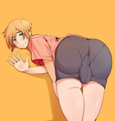 Rule 34 | 1boy, artist request, ass, bent over, blue eyes, blush, bulge, crossdressing, from behind, highres, huge ass, leaning, leaning forward, looking at viewer, orange hair, original, shiny skin, short hair, short shorts, shorts, smile, solo, trap, tucked penis