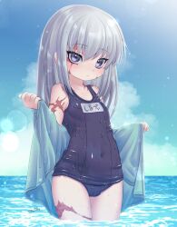 Rule 34 | 1girl, artist name, blue one-piece swimsuit, blue sky, breasts, burn scar, cameltoe, character request, check character, check copyright, closed mouth, copyright request, covered navel, dorei to no seikatsu ~teaching feeling~, grey hair, highres, long hair, looking at viewer, name tag, ocean, old school swimsuit, one-piece swimsuit, petite, purple eyes, racal ra, scar, school swimsuit, sky, small breasts, solo, swimsuit, sylvie (dorei to no seikatsu), twitter username, wading, wet, wet clothes, wet swimsuit