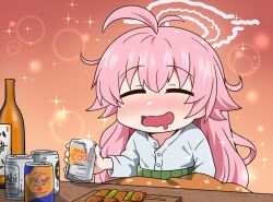 Rule 34 | 1girl, antenna hair, beer can, blue archive, buttons, can, closed eyes, devil yanghyeok, drink can, drunk, food, halo, highres, holding, holding can, hoshino (blue archive), long hair, long sleeves, open mouth, pink hair, pink halo, solo, yakitori