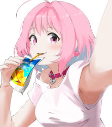 Rule 34 | 1girl, ahoge, armpits, blue hair, blush, breasts, capri sun, collar, commentary request, commission, commissioner upload, drinking, drinking straw, drinking straw in mouth, earrings, hair intakes, highres, holding, idolmaster, idolmaster cinderella girls, jewelry, looking at viewer, medium breasts, multicolored hair, nail polish, pill earrings, pink eyes, pink hair, pink nails, pixiv commission, purple collar, selfie, shirt, short sleeves, solo, t-shirt, tama (tamago), teeth, two-tone hair, upper body, white shirt, yumemi riamu