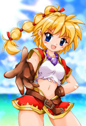 Rule 34 | 1girl, bad id, bad pixiv id, belt, blonde hair, blue eyes, blush, breasts, chrono (series), chrono cross, cloud, crop top, day, fang, female focus, gloves, hand on own hip, jacket, jewelry, kid (chrono cross), long hair, medium breasts, midriff, miniskirt, multi-tied hair, navel, necklace, ocean, open mouth, outstretched hand, ponytail, shorts, skirt, sky, smile, solo, sun, tank top, torn clothes, zipang (zip@ng works)