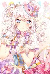 Rule 34 | 1girl, alternate hairstyle, bang dream!, blue eyes, blush, bow, commentary request, corset, curly hair, earrings, food, food-themed clothes, food-themed hair ornament, frills, gloves, hair ornament, hair ribbon, hairpin, hat, heart, highres, jewelry, long hair, looking at viewer, macaron, macaron background, neck ribbon, one side up, pink bow, pocky, purple bow, purple ribbon, ribbon, shirt, short sleeves, side ponytail, skirt, smile, solo, sparkle, striped, striped bow, striped ribbon, taya oco, tilted headwear, top hat, underbust, wakamiya eve, wavy hair, white gloves, white hair, yellow bow