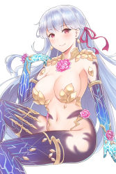 Rule 34 | 1girl, akicho, armlet, armor, bikini armor, blush, breasts, cleavage, closed mouth, earrings, fate/grand order, fate (series), flower, hair ribbon, highres, jewelry, kama (fate), kama (third ascension) (fate), large breasts, long hair, looking at viewer, lotus, navel, pink ribbon, red eyes, revealing clothes, ribbon, silver hair, simple background, sitting, smile, solo, thighlet, thighs, white background