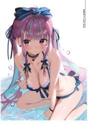 Rule 34 | 1girl, absurdres, ahoge, bare shoulders, bikini, blue hair, blue nails, blush, bow, breasts, character name, choker, cleavage, collarbone, earrings, fingernails, gaou (umaiyo puyoman), hair bow, heart, heart earrings, highres, hololive, jewelry, long hair, medium breasts, minato aqua, multicolored hair, nail polish, purple eyes, purple hair, scan, shiny skin, simple background, sitting, solo, swimsuit, thighs, twintails, two-tone hair, virtual youtuber, water, water drop, wristband