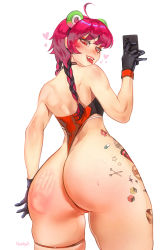 Rule 34 | 1girl, artist name, ass, ass focus, bare shoulders, blush, braid, cellphone, from behind, gloves, highres, huge ass, leotard, long hair, nextoad, open mouth, original, phone, red eyes, red hair, shiny skin, simple background, slap mark, smile, solo, spanked, tattoo, thick thighs, thigh strap, thighs, thong, thong leotard, tongue, tongue out, twin braids, white background