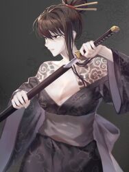 1girl black_eyes black_hair black_kimono black_sash breasts cleavage commentary_request hair_bun highres holding holding_sheath holding_sword holding_weapon hsh7955 japanese_clothes katana kimono korean_commentary large_breasts library_of_ruina parted_lips project_moon sash sayo_(project_moon) sheath solo sword unsheathing weapon wide_sleeves