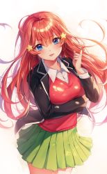 Rule 34 | 1girl, absurdres, ahoge, black jacket, blazer, blue eyes, blush, breast hold, breasts, collared shirt, cowboy shot, floating hair, go-toubun no hanayome, green skirt, hair between eyes, hair ornament, twirling hair, hand up, highres, jacket, large breasts, long hair, long sleeves, looking at viewer, miniskirt, nakano itsuki, open clothes, open jacket, pleated skirt, red hair, red sweater, school uniform, shirt, skirt, solo, standing, star (symbol), star hair ornament, sweater, tongue, tongue out, ttosom, white shirt, wing collar