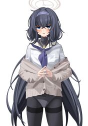 Rule 34 | 1girl, black hair, black pantyhose, blue archive, blue eyes, blue hairband, blue neckerchief, blush, cardigan, grey cardigan, hairband, halo, highres, jewelry, long hair, long sleeves, looking at viewer, low twintails, neckerchief, necklace, pantyhose, ryou (ryoutarou), sailor collar, school uniform, shirt, simple background, twintails, ui (blue archive), white background, white sailor collar, white shirt