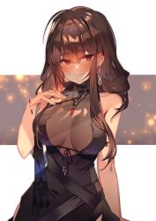 Rule 34 | 1girl, absurdres, ahoge, bare shoulders, blunt bangs, blush, breasts, brown hair, cropped, dsr-50 (girls&#039; frontline), dsr-50 (highest bid) (girls&#039; frontline), earrings, girls&#039; frontline, hair between eyes, highres, jewelry, large breasts, long hair, looking at viewer, non-web source, official alternate costume, red eyes, scan, see-through, sleeveless, smile, solo, soukou makura, upper body