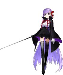 Rule 34 | bb (fate), bb (fate/extra), black cape, black skirt, black thighhighs, bow, breasts, cape, fate/extra, fate/extra ccc, fate (series), full body, gloves, hair bow, holding, holding stick, long hair, long sleeves, looking at viewer, official art, panties, purple eyes, purple hair, red bow, red ribbon, ribbon, shirt, skirt, smile, solo, standing, stick, tachi-e, thighhighs, transparent background, underwear, very long hair, wada arco, white gloves, white shirt
