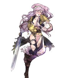 Rule 34 | 1girl, armor, black thighhighs, braid, breasts, cleavage, fire emblem, fire emblem awakening, fire emblem heroes, full body, highres, holding, holding sword, holding weapon, injury, long hair, nintendo, official art, olivia (fire emblem), pelvic curtain, ryona, side braid, solo, sword, thighhighs, torn clothes, torn thighhighs, transparent background, twin braids, weapon