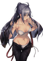 Rule 34 | 1girl, blush, bra, breasts, brown eyes, clothes pull, collarbone, commentary request, granblue fantasy, grey hair, groin, highres, jacket, long hair, medium breasts, midriff, mouth hold, navel, panties, pants, pants pull, parfaitlate, ponytail, silva (granblue fantasy), simple background, narrow waist, solo, toned, underwear, white background, white bra, white panties