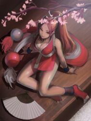 Rule 34 | 1girl, absurdres, bare shoulders, breasts, brown hair, cleavage, fatal fury, from above, hand fan, highres, large breasts, long hair, ninja, pelvic curtain, ponytail, shiranui mai, sitting, sleeveless, the king of fighters, wooden floor