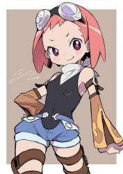 Rule 34 | 1girl, aero (mega man), bare shoulders, breasts, detached sleeves, female focus, goggles, goggles on head, hand on own hip, io naomichi, looking at viewer, mega man (series), mega man legends (series), mega man legends 3, neckerchief, pink hair, short hair, short shorts, shorts, sleeveless, small breasts, smile, solo, white neckerchief