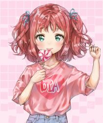 Rule 34 | 1girl, bad id, bad pixiv id, blue ribbon, candy, casual, clothes writing, commentary request, denim, food, green eyes, hair ribbon, heart, heart-shaped lollipop, heart print, highres, holding, holding candy, holding food, holding lollipop, jeans, kurosawa ruby, lollipop, looking at viewer, love live!, love live! school idol festival, love live! sunshine!!, pants, pink background, pink shirt, playing with own hair, print shirt, red hair, ribbon, shaped lollipop, shirt, smile, solo, takenoko no you, two side up, upper body