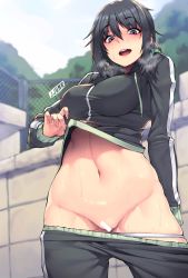 Rule 34 | 1girl, artist name, bad id, bad twitter id, bar censor, black hair, blue eyes, blush, breasts, censored, chain-link fence, clothes pull, cloud, cloudy sky, cowboy shot, day, fence, gluteal fold, green jacket, green pants, groin, gym uniform, hair between eyes, hair ornament, hair scrunchie, jacket, jacket pull, jjune, large breasts, legs apart, looking at viewer, low tied hair, midriff, navel, nose blush, open mouth, original, outdoors, panties, pants, pants pull, panty pull, pink lips, pulled by self, pussy, round teeth, scrunchie, sidelocks, skindentation, sky, solo, standing, stomach, sweat, teeth, track jacket, track pants, track suit, tree, underwear, upper teeth only, wall, white panties