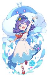 1girl 1other ;d absurdres acerola_(pokemon) acerola_(summer_2024)_(pokemon) arm_up armlet armpits blue_dress blue_sailor_collar blush circle commentary creatures_(company) dot_nose dress flipped_hair full_body game_freak gen_5_pokemon hair_ornament hairclip hand_up hat highres iroyopon jellicent jellicent_(male) jewelry long_dress looking_at_viewer medium_hair neckerchief nintendo official_alternate_costume one_eye_closed open_mouth pokemon pokemon_(creature) pokemon_masters_ex purple_hair red_footwear red_neckerchief ribbon sailor_collar sailor_hat sleeveless sleeveless_dress smile solo sparkle standing standing_on_one_leg tiptoes topknot two-tone_dress water white_background white_dress wrist_bow