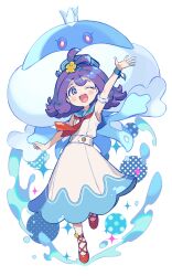 Rule 34 | 1girl, 1other, ;d, absurdres, acerola (pokemon), acerola (summer 2024) (pokemon), arm up, armlet, armpits, blue dress, blue sailor collar, blush, circle, commentary, creatures (company), dot nose, dress, flipped hair, full body, game freak, gen 5 pokemon, hair ornament, hairclip, hand up, hat, highres, iroyopon, jellicent, jellicent (male), jewelry, long dress, looking at viewer, medium hair, neckerchief, nintendo, official alternate costume, one eye closed, open mouth, pokemon, pokemon (creature), pokemon masters ex, purple hair, red footwear, red neckerchief, ribbon, sailor collar, sailor hat, sleeveless, sleeveless dress, smile, solo, sparkle, standing, standing on one leg, tiptoes, topknot, two-tone dress, water, white background, white dress, wrist bow