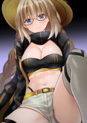 Rule 34 | 1girl, aesc (fate), blonde hair, blue eyes, blush, braid, breasts, cleavage, engo (aquawatery), fate/grand order, fate (series), hat, highres, large breasts, long hair, long sleeves, looking at viewer, smile, solo, spread legs, thighhighs, twin braids, witch hat