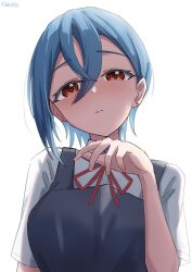 Rule 34 | 1girl, artist name, blue hair, breasts, closed mouth, collared shirt, commentary request, crossed bangs, dress, dress shirt, earrings, frown, grey dress, hair between eyes, half-closed eyes, hand up, highres, jewelry, large breasts, light blush, long bangs, looking at viewer, love live!, love live! superstar!!, neck ribbon, orange eyes, parted bangs, pinafore dress, red ribbon, ribbon, rikka006, school uniform, shirt, short hair, short sleeves, simple background, single sidelock, sleeveless, sleeveless dress, solo, split mouth, stud earrings, summer uniform, upper body, wakana shiki, white background, white shirt, yuigaoka school uniform