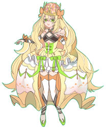 Rule 34 | 1girl, :d, bare shoulders, blonde hair, bow, butterfly hair ornament, celine (fire emblem), crown, dress, dress bow, fire emblem, fire emblem engage, flower, full body, green bow, green eyes, green outline, hair between eyes, hair flower, hair ornament, highres, long hair, looking at viewer, nintendo, open mouth, orange bow, outline, smile, solo, suu (dsg4sak), very long hair, white background, wrist bow