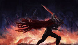 Rule 34 | 6+boys, abyss watcher, arm wrap, armor, artist name, black shirt, boots, brown gloves, cape, commentary, covered eyes, dagger, dark souls (series), dark souls iii, dual wielding, facing away, feet out of frame, fighting stance, fire, flaming sword, flaming weapon, gauntlets, gloves, greatsword, helmet, helmet over eyes, holding, holding dagger, holding knife, holding sword, holding weapon, indoors, knee pads, knife, leaning forward, long sleeves, looking at viewer, looking down, luffie, male focus, mask, mouth mask, multiple boys, pants, pauldrons, red cape, red eyes, reverse grip, sheath, sheathed, shirt, short hair, shoulder armor, single gauntlet, single glove, single pauldron, standing, sword, weapon, white hair