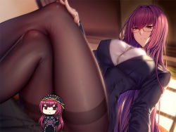 Rule 34 | 1girl, bespectacled, breasts, button gap, buttons, censored, classroom, collared shirt, desk, dress shirt, fate/grand order, fate (series), formal, glasses, hair intakes, long hair, lun7732, novelty censor, pantyhose, purple hair, red eyes, scathach (fate), school, shirt, skirt, skirt suit, solo focus, suit, taut clothes, taut shirt, teacher, thigh sex, thighband pantyhose, very long hair, white shirt