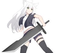 Rule 34 | &gt;:(, 1girl, ahoge, animal ear fluff, black jacket, black shorts, black thighhighs, breasts, closed mouth, commentary request, feet out of frame, fox girl, green eyes, hair between eyes, highres, holding, holding sword, holding weapon, jacket, kuronagi (mitora uwu), light frown, long hair, looking at viewer, open clothes, open jacket, original, shirt, short sleeves, shorts, simple background, small breasts, solo, standing, sword, thighhighs, v-shaped eyebrows, very long hair, weapon, white background, white hair, white shirt
