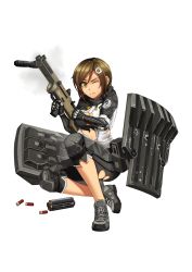 Rule 34 | 12-gauge, 1girl, ammunition, ballistic shield, black shorts, blush, breasts, brown eyes, brown hair, cleavage, closed mouth, covering privates, covering breasts, cylinder, cylinder (weapon), deus ex, deus ex: human revolution, full body, girls&#039; frontline, grey footwear, gun, hair between eyes, hair ornament, highres, holding, holding gun, holding weapon, jacket, knee pads, looking at viewer, medium breasts, ndtwofives, one eye closed, original, parted bangs, polymer-cased ammunition, quad-tube rotating magazine, revolver shotgun, rotating-tube magazine, semi-automatic firearm, semi-automatic shotgun, shield, shield module, shoes, shorts, shotgun, shotgun shell, solo, srm 1216, srm arms model 1216, torn clothes, torn jacket, transparent background, weapon, white jacket, widowmaker tx