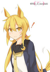 Rule 34 | !, 1girl, animal ears, black cardigan, black sailor collar, blonde hair, cardigan, closed mouth, crescent moon, etsuransha no rei, hair between eyes, highres, horse ears, horse tail, kantai collection, long hair, long sleeves, low twintails, moon, motion lines, neckerchief, sailor collar, satsuki (kancolle), satsuki kai ni (kancolle), simple background, solo, tail, twintails, twitter username, upper body, white background, yellow eyes, yellow neckerchief