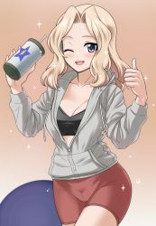 Rule 34 | 1girl, bike shorts, black sports bra, blonde hair, blue eyes, blush, bottle, breasts, brown background, brown shorts, cleavage, commentary, drawstring, emblem, girls und panzer, gradient background, grey shirt, hair intakes, highres, holding, holding bottle, hood, hood down, hoodie, kay (girls und panzer), long hair, looking at viewer, medium breasts, one eye closed, open mouth, partially unzipped, saitou gabio, saunders (emblem), shirt, shorts, smile, solo, sparkle, sports bra, standing, thumbs up, upper body, water bottle, water drop