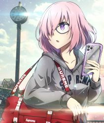 Rule 34 | 1girl, :o, alternate costume, bag, black-framed eyewear, blue sky, bright pupils, casual, cellphone, clock, collarbone, day, drawstring, duffel bag, fate/grand order, fate (series), glasses, grey jacket, hair over one eye, highres, holding, holding phone, hood, hood down, hooded jacket, iphone, iphone 11 pro, jacket, lens flare, long sleeves, looking away, looking to the side, mash kyrielight, open mouth, outdoors, parted lips, phone, pink hair, purple eyes, short hair, sky, smartphone, solo, sunlight, tanashi (mk2), upper body