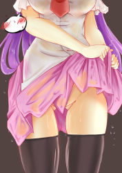 Rule 34 | 1girl, absurdres, black thighhighs, breasts, clothes lift, groin, highres, large breasts, long hair, necktie, no panties, partially visible vulva, purple hair, red necktie, reisen udongein inaba, see-through, senbon tsuki, shirt, skirt, skirt lift, solo, spoken blush, thighhighs, touhou, very long hair, wet, wet clothes, wet hair, wet shirt, wet skirt, wringing clothes, wringing skirt, zettai ryouiki