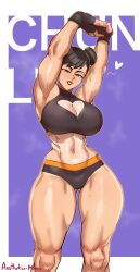 Rule 34 | 1girl, aestheticc-meme, armpits, artist name, ass, black hair, breasts, brown eyes, brown hair, buruma, capcom, chun-li, cleavage, cleavage cutout, clothing cutout, commentary, double bun, english commentary, facing viewer, fingerless gloves, gloves, gluteal fold, hair bun, heart, heart cutout, highres, large breasts, lipstick, looking at viewer, makeup, muscular, muscular female, navel, one-piece tan, solo, sports bra, steaming body, street fighter, stretching, sweat, tan, tanline, toned