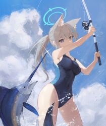Rule 34 | 1girl, absurdres, animal ear fluff, animal ears, black one-piece swimsuit, blue archive, blue eyes, blue sky, breasts, cloud, competition swimsuit, covered navel, cross hair ornament, day, extra ears, fish, fishing, fishing rod, grey hair, gu0st, hair ornament, halo, highres, low ponytail, marlin (fish), medium breasts, medium hair, mismatched pupils, multicolored clothes, multicolored swimsuit, official alternate costume, one-piece swimsuit, outdoors, shiroko (blue archive), shiroko (swimsuit) (blue archive), sky, swimsuit, swordfish, wolf ears
