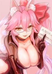 Rule 34 | 1girl, animal ear fluff, animal ears, between fingers, black bodysuit, blush, bodysuit, bow, breasts, card, center opening, choker, cleavage, fate/grand order, fate (series), fox ears, fox girl, fox tail, glasses, hair between eyes, hair bow, hip vent, holding, koyanskaya (assassin) (first ascension) (fate), koyanskaya (fate), large breasts, leaning forward, long hair, looking at viewer, modzu (3705018), open mouth, pink bow, pink hair, ponytail, sidelocks, smile, solo, tail, tamamo (fate), yellow eyes