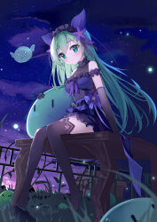 Rule 34 | 1girl, a1352170118, absurdres, aqua eyes, aqua hair, arm at side, bare shoulders, black gloves, black thighhighs, blurry, blurry foreground, bow, breasts, closed mouth, cloud, dress, elbow gloves, fireflies, floating hair, flower, frilled dress, frilled hairband, frills, from below, full body, gloves, glowing, grass, hair between eyes, hair flower, hair ornament, hairband, highres, knees together feet apart, light blush, long hair, looking at viewer, medium breasts, night, night sky, no shoes, original, outdoors, purple bow, purple dress, purple flower, purple ribbon, railing, ribbon, see-through, short dress, sitting, sky, sleeveless, sleeveless dress, slime (creature), smile, solo, straight hair, thighhighs, zettai ryouiki