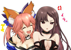 Rule 34 | +++, 10s, 2girls, :d, ^ ^, anger vein, animal ear fluff, animal ears, bare shoulders, black dress, blue bow, blue kimono, blue sleeves, bow, breasts, brown eyes, brown hair, cleavage, closed eyes, collarbone, commentary request, detached sleeves, dress, ear piercing, fang, fate/extra, fate/grand order, fate (series), fox ears, hair between eyes, hair bow, isse, japanese clothes, kimono, large breasts, long hair, multiple girls, open mouth, parted lips, piercing, pink hair, ponytail, revealing clothes, ribbon-trimmed dress, sidelocks, simple background, small breasts, smile, strapless, strapless dress, tamamo (fate), tamamo no mae (fate/extra), upper body, white background, yu mei-ren (fate)