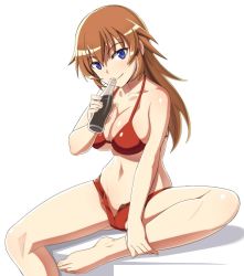 Rule 34 | 1girl, barefoot, bikini, bikini top only, blue eyes, brown hair, charlotte e. yeager, cola, drinking, full body, invisible chair, looking at viewer, nanashino, open fly, red bikini, short shorts, shorts, simple background, sitting, soda bottle, solo, strike witches, swimsuit, white background, world witches series