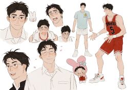 Rule 34 | 1boy, animal hat, basketball uniform, black hair, breast pocket, brown eyes, brown hair, chengongzi123, chibi, closed mouth, collared shirt, commentary, cosplay, falling petals, full body, glasses, hat, highres, kogure kiminobu, looking at viewer, male focus, multiple views, my melody, my melody (cosplay), open mouth, petals, pocket, rabbit hat, red shorts, round eyewear, shirt, short hair, shorts, simple background, slam dunk (series), smile, sportswear, symbol-only commentary, towel, towel around neck, upper body, very short hair, white background, white shirt