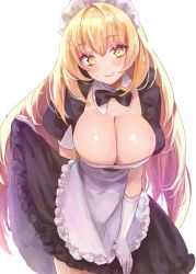 +_+ 1girl bisyo_oji blonde_hair blush breasts cleavage clothes_lift female_focus gloves hair_between_eyes highres large_breasts leaning_forward lifting_own_clothes long_hair looking_at_viewer maid maid_headdress necktie shokuhou_misaki skirt skirt_lift smile solo sweat toaru_kagaku_no_railgun toaru_majutsu_no_index white_gloves yellow_eyes